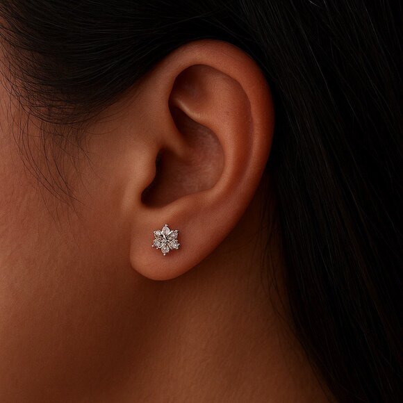 Dainty Floral S925 Silver Stud Earrings – 0.8cm / 0.31in - Picture 1 of 5